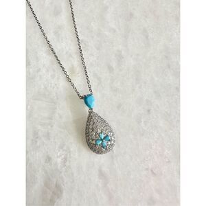 Cubic zirconia turquoise blue flower teardrop necklace